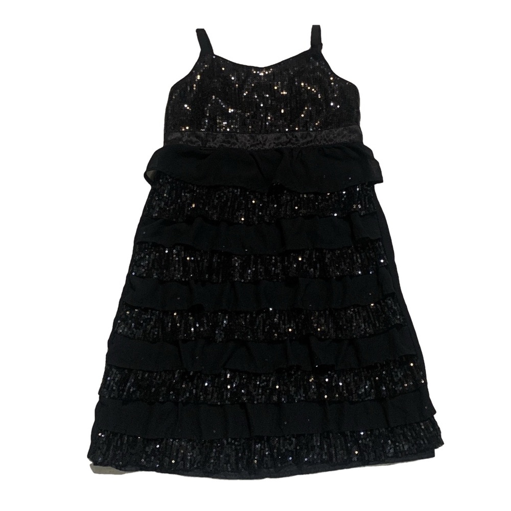 Justice Black Sequins Sparkle Sleeveless Layered Ruffle Holiday Party Dress